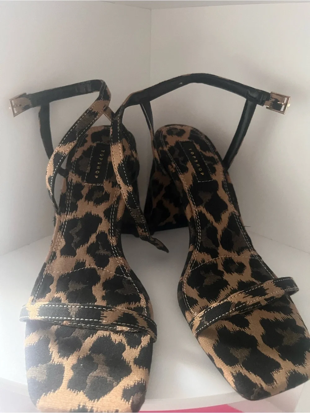 Topshop Leopard Print Ankle Strap Heels - Black and Brown